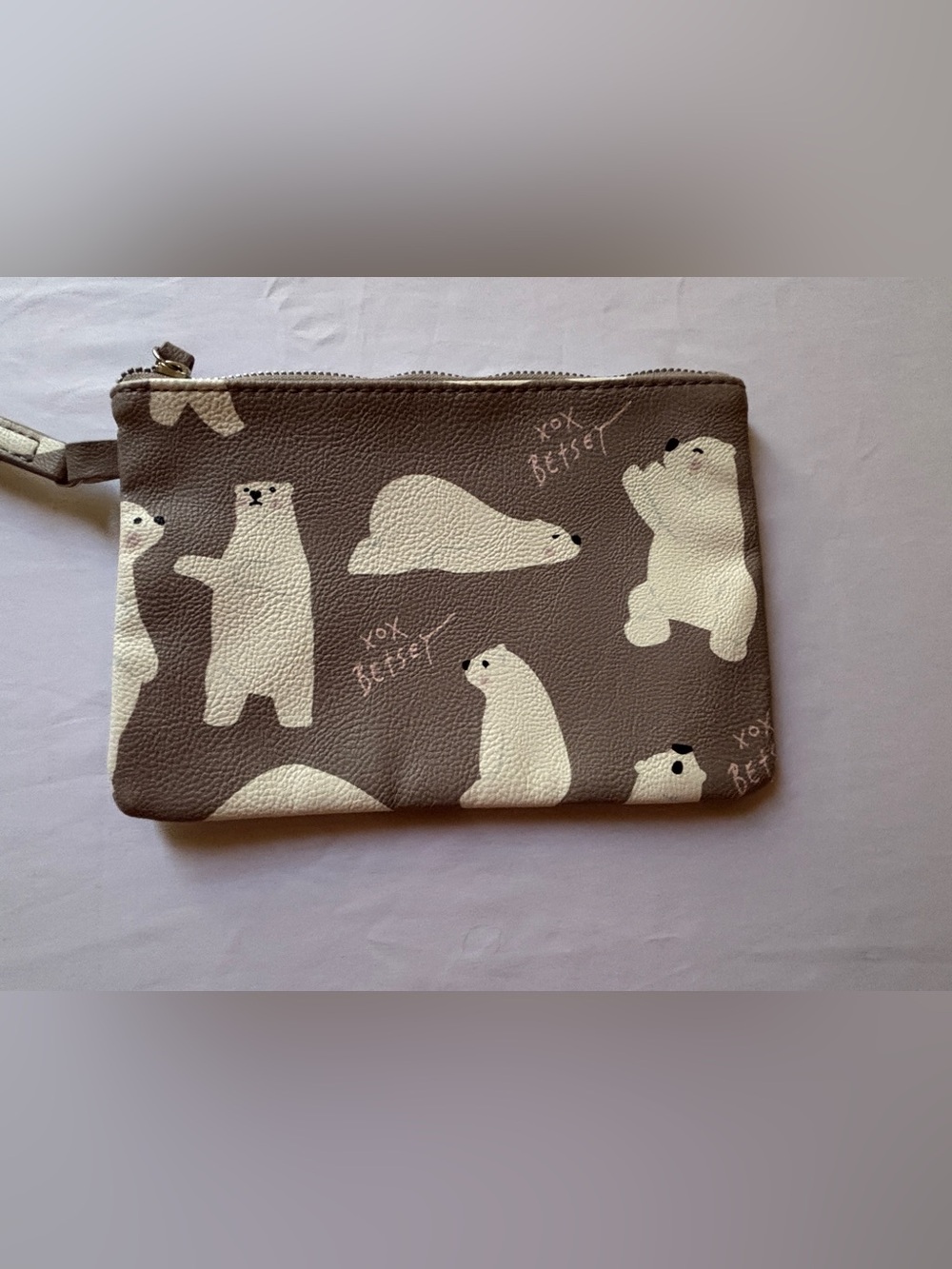 Betsey Johnson Taupe Cosmetic Pouch with Cream Polar Bear Print
